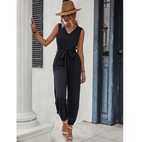 Backless Lace Detail Black Jumpsuit Tie Belted Sleeveless Long - Picture 2 of 7